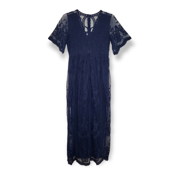 PinkBlush Navy Blue Lace Mesh Overlay Maxi Dress Large - Picture 5 of 10